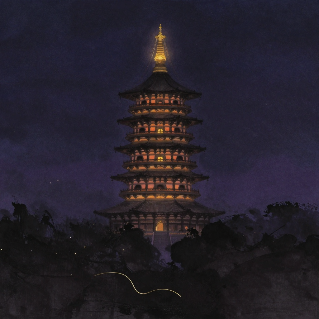 判教：一座有着清晰层级的佛塔耸立于空处，每层塔檐与门窗结构分明体现不同教义深度，塔顶笼罩在微光中，下方各层渐次沉入静谧