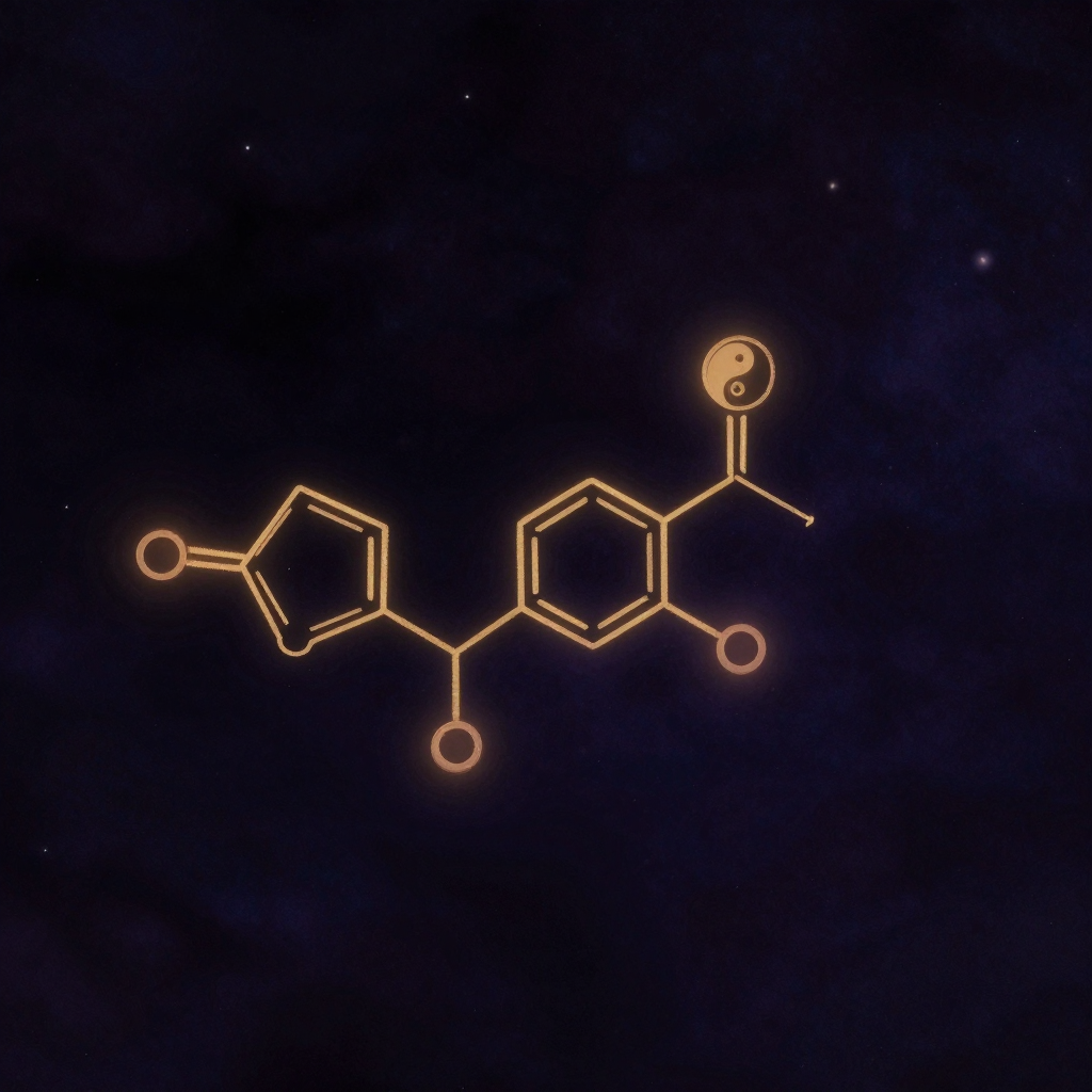 血清素：一个准确描绘的5-羟色胺分子结构悬浮在空旷背景中，苯环、羟基和氨基结构清晰可辨，分子键连接处微微泛出暖意