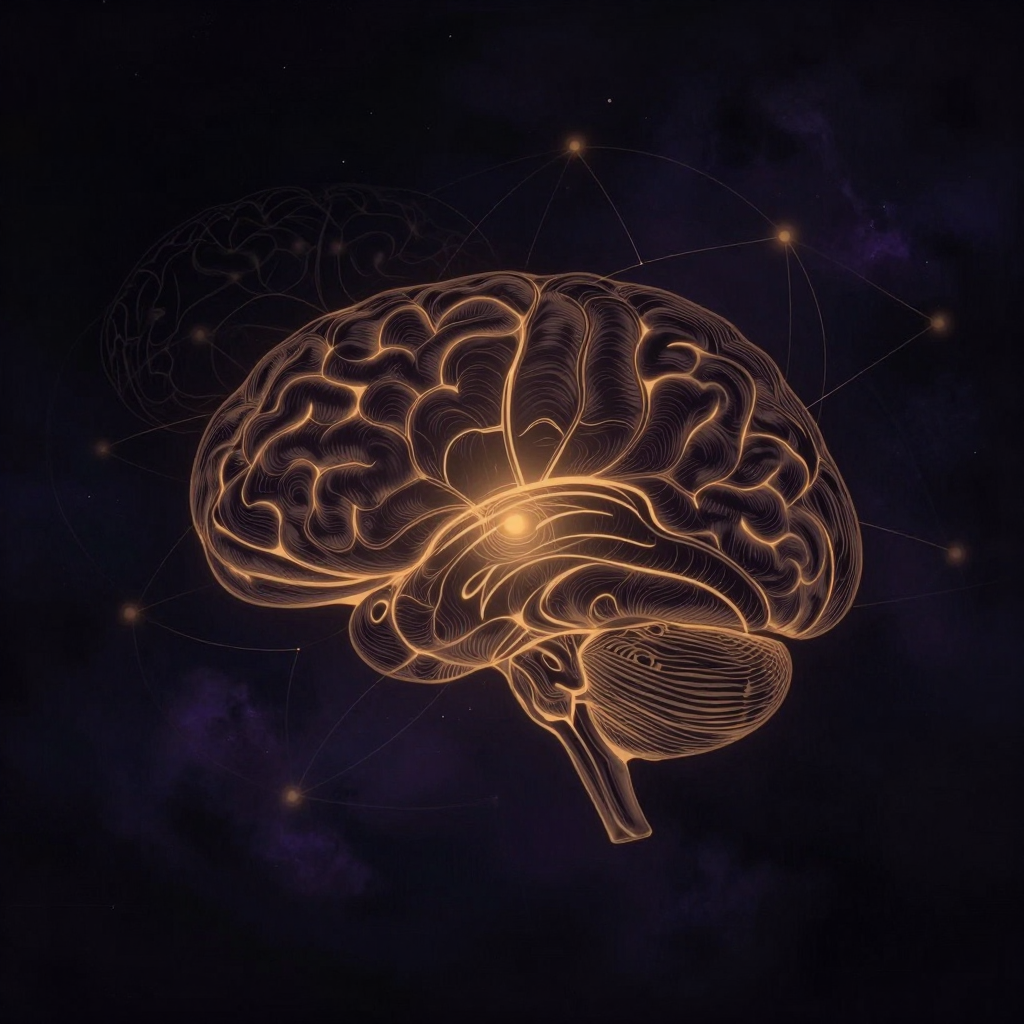 情感神经科学：一对杏仁状脑区结构悬浮于空处，表面密布细纹，向四周延展出半透明的神经纤维束，与远处若隐若现的其他脑区轮廓形成连接网络，纤