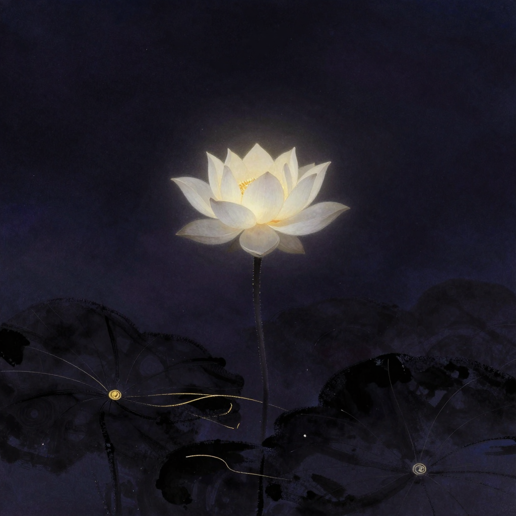 超越性意识：一朵纯白莲花从幽暗的淤泥中挺立而出，花瓣完全舒展却不着任何颜色，茎干笔直穿越浊水，莲心位置透出一处细微光晕，四周归于大片