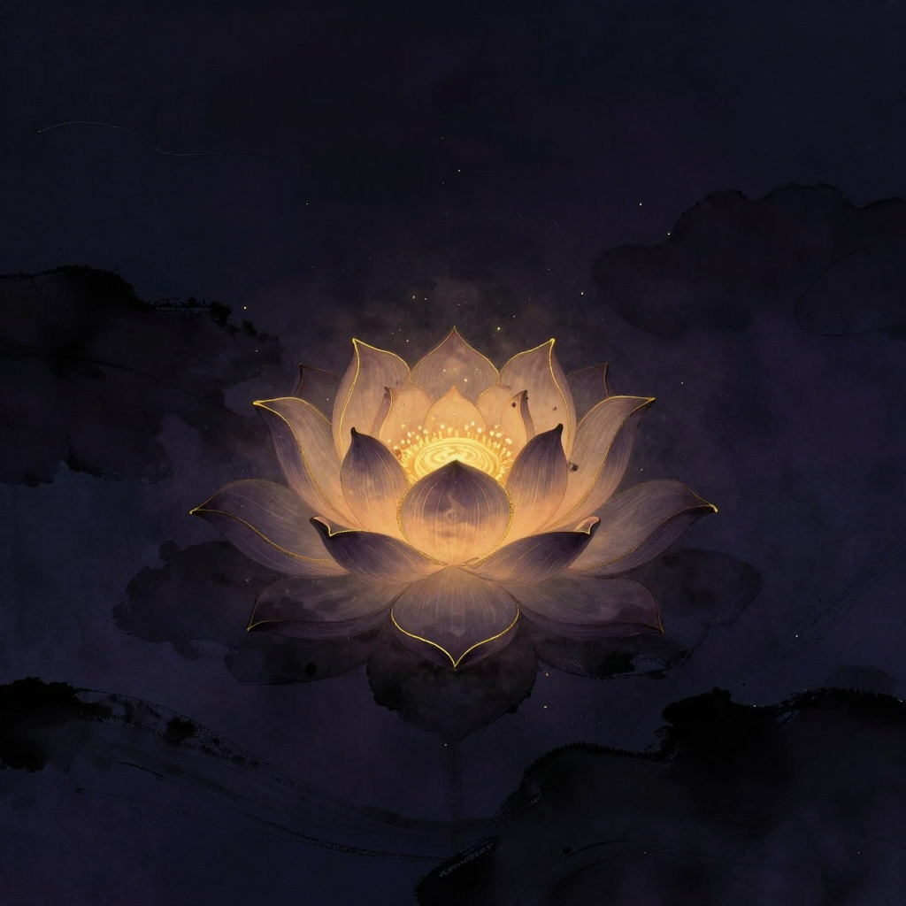 法藏：一朵层层绽放的千瓣莲花悬浮于空，花瓣相互嵌套含摄，形成无限递归的结构，花心深处蕴着微妙的光纹，四周归于广袤留白