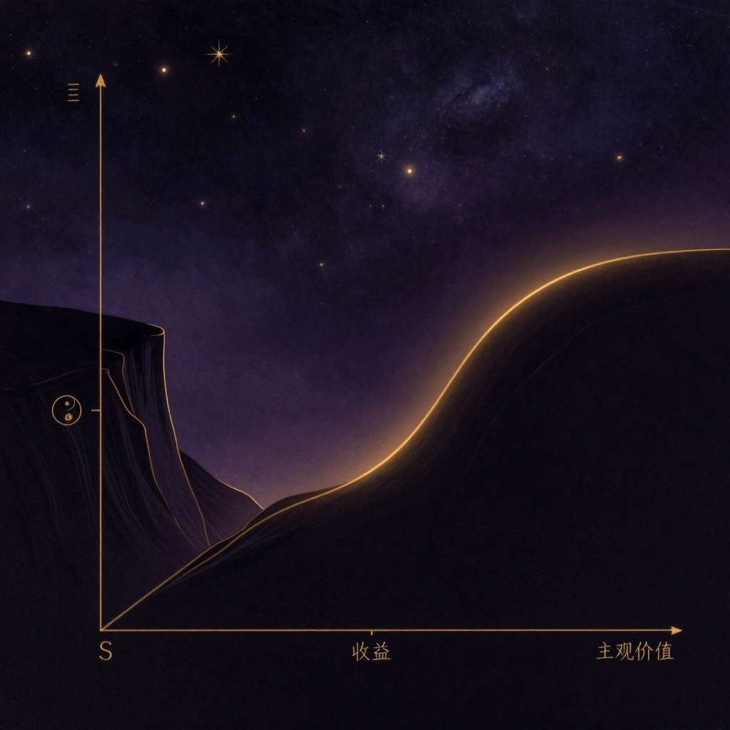 前景理论：一张老羊皮纸上墨线清晰勾勒出S型曲线，左侧损失区陡峭下陷如悬崖，右侧收益区平缓上扬，横轴标注收益与损失，纵轴标注主观价值