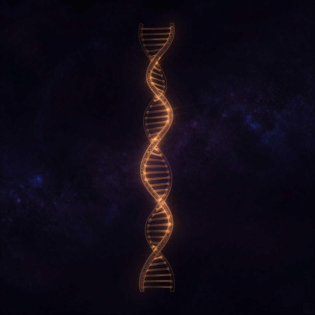 基因组学：两条反向缠绕的核苷酸链形成螺旋阶梯状结构，由碱基对精确连接，悬浮于大片空处，螺旋中央透出一线微光