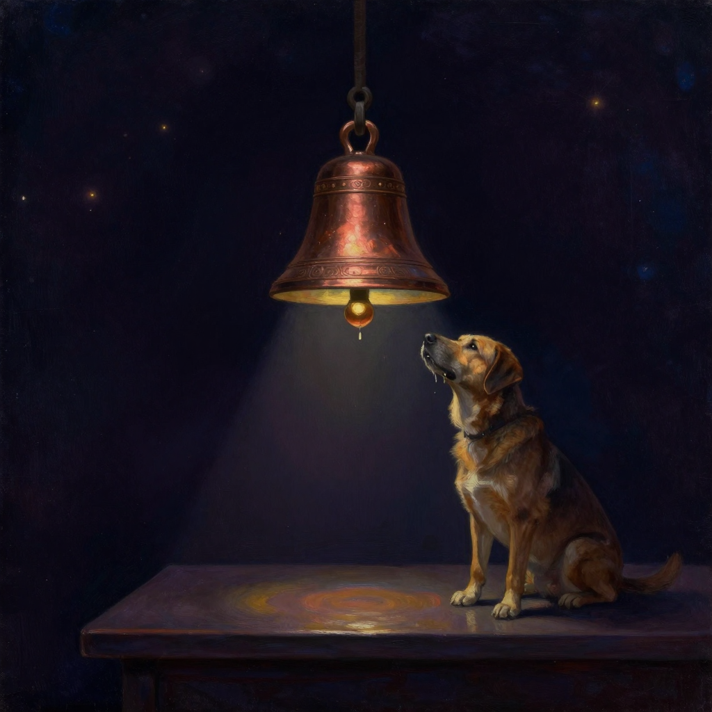 惯性反应：一只实验犬面对悬挂的铜铃，嘴角垂下唾液，钟形铃铛静止不动，两者间留出空白的距离，实验台一角有极细微的光痕