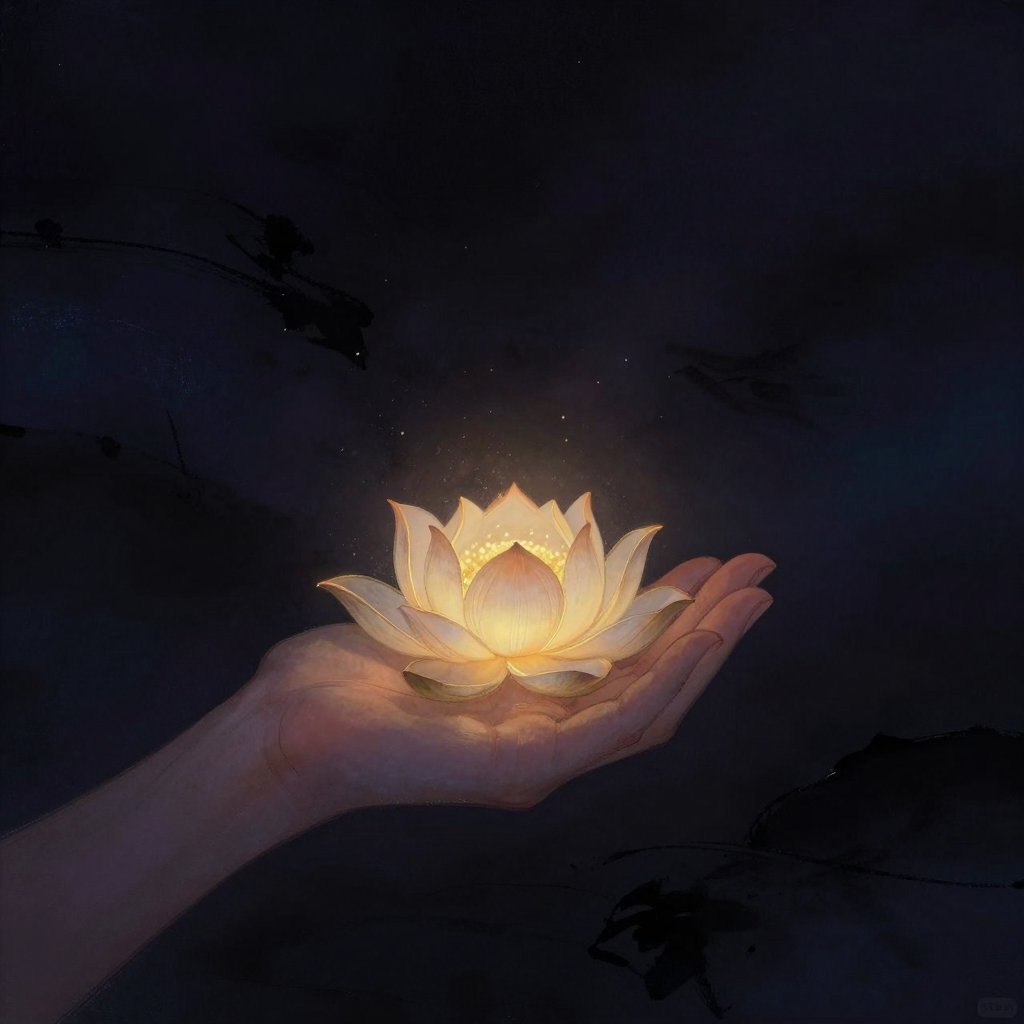 慈悲观照：一只手在近黑背景中掌心向上摊开，一朵莲花在掌心处呈现恰到好处的半开状态，花瓣舒展但未完全绽放，掌心处透出一处柔和光晕，四