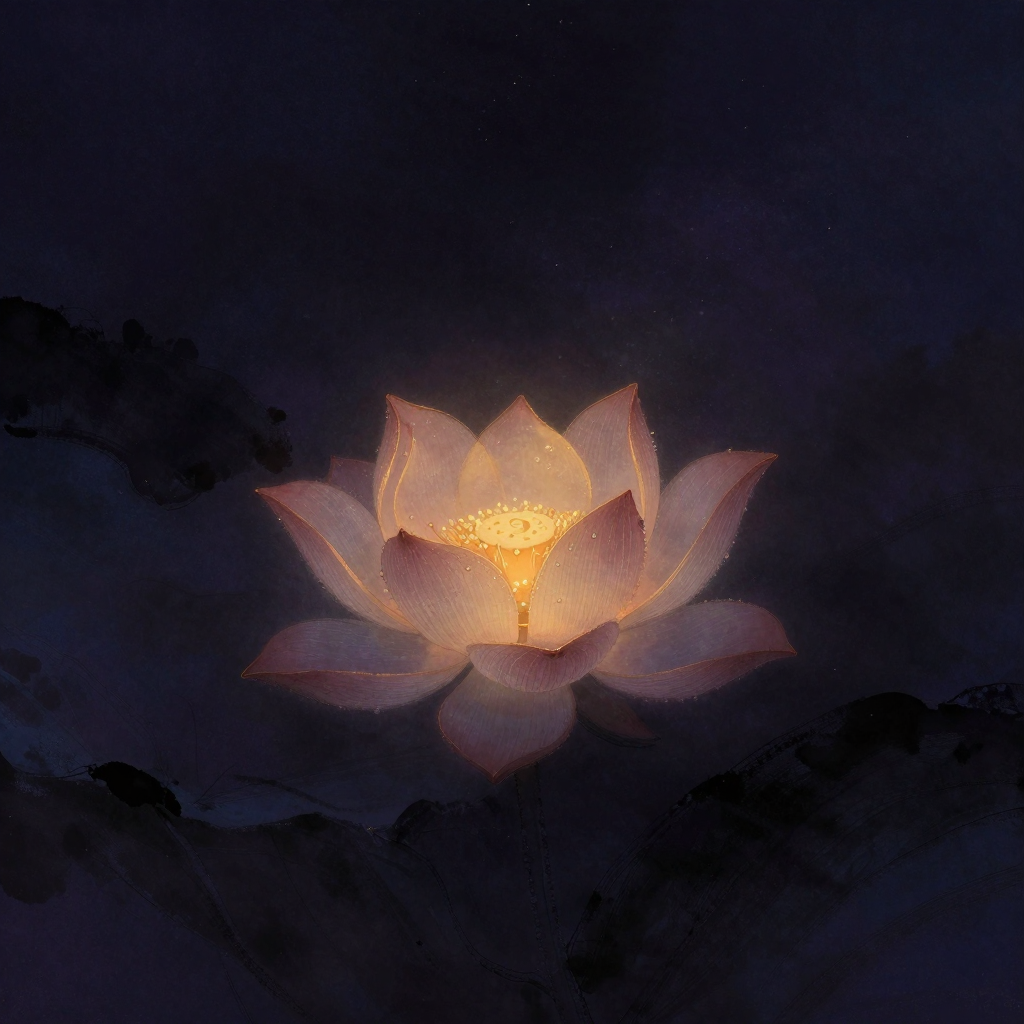慈心禅：一朵盛开的莲花居于画面中央，花瓣层层舒展，莲心微微昂起，露珠悬于瓣尖，四周归于大片空处，莲心透出一处柔和暖意