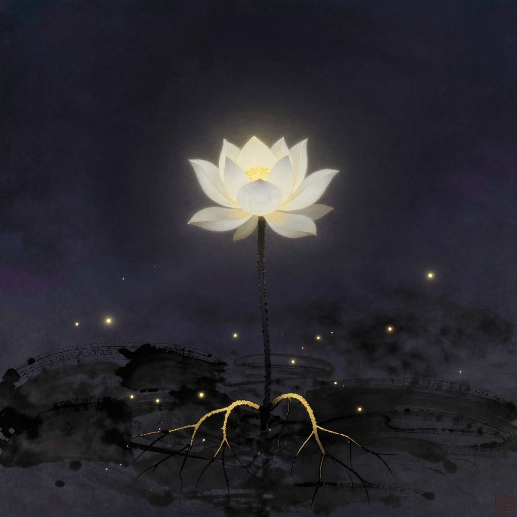 烦恼即菩提：一朵白莲从深色淤泥中自然生长绽放，根茎完整连接泥水与花朵，茎秆笔直穿过画面中部，四周留出大片空处，莲心含着一点微光