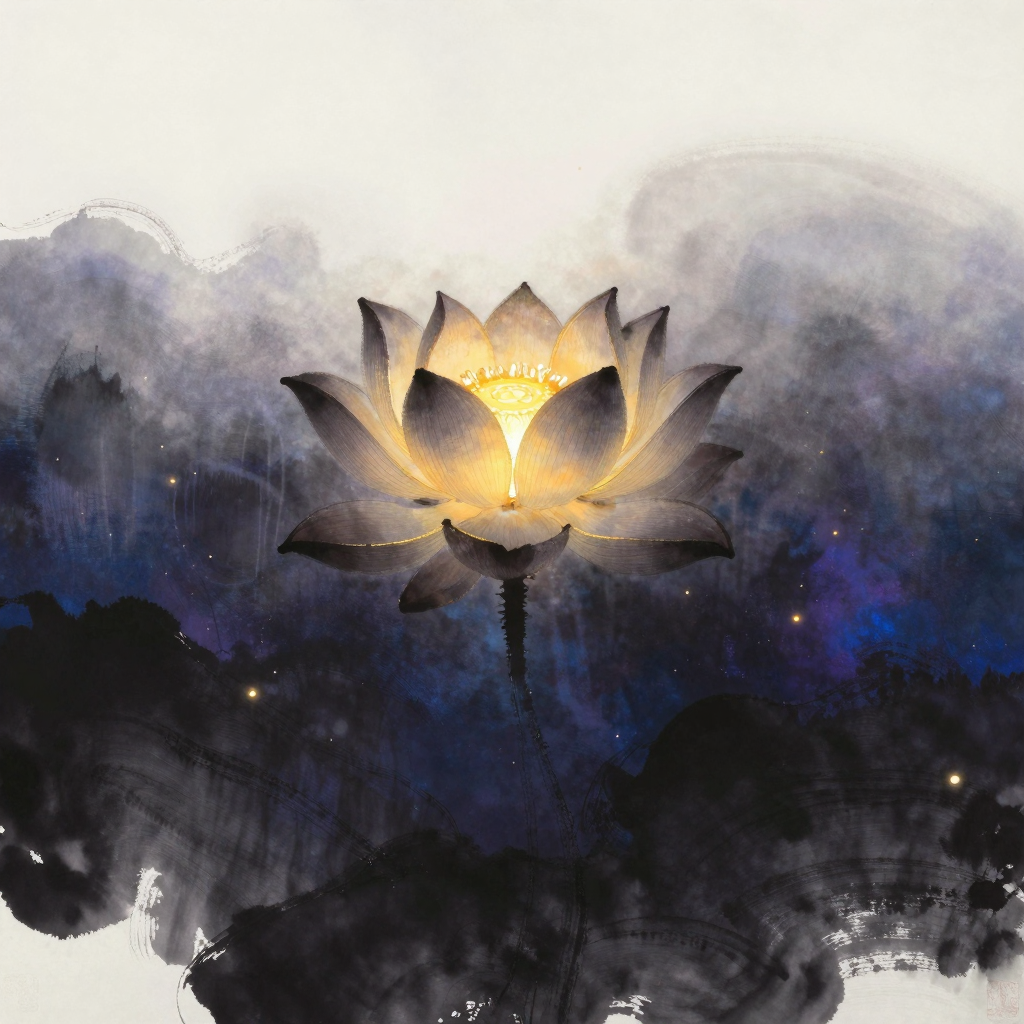 无分别智：一朵自然舒展的莲花悬于空旷之中，花瓣舒展却不刻意对称，无茎无根，仿佛从虚空中自然浮现，花心处有一处微光