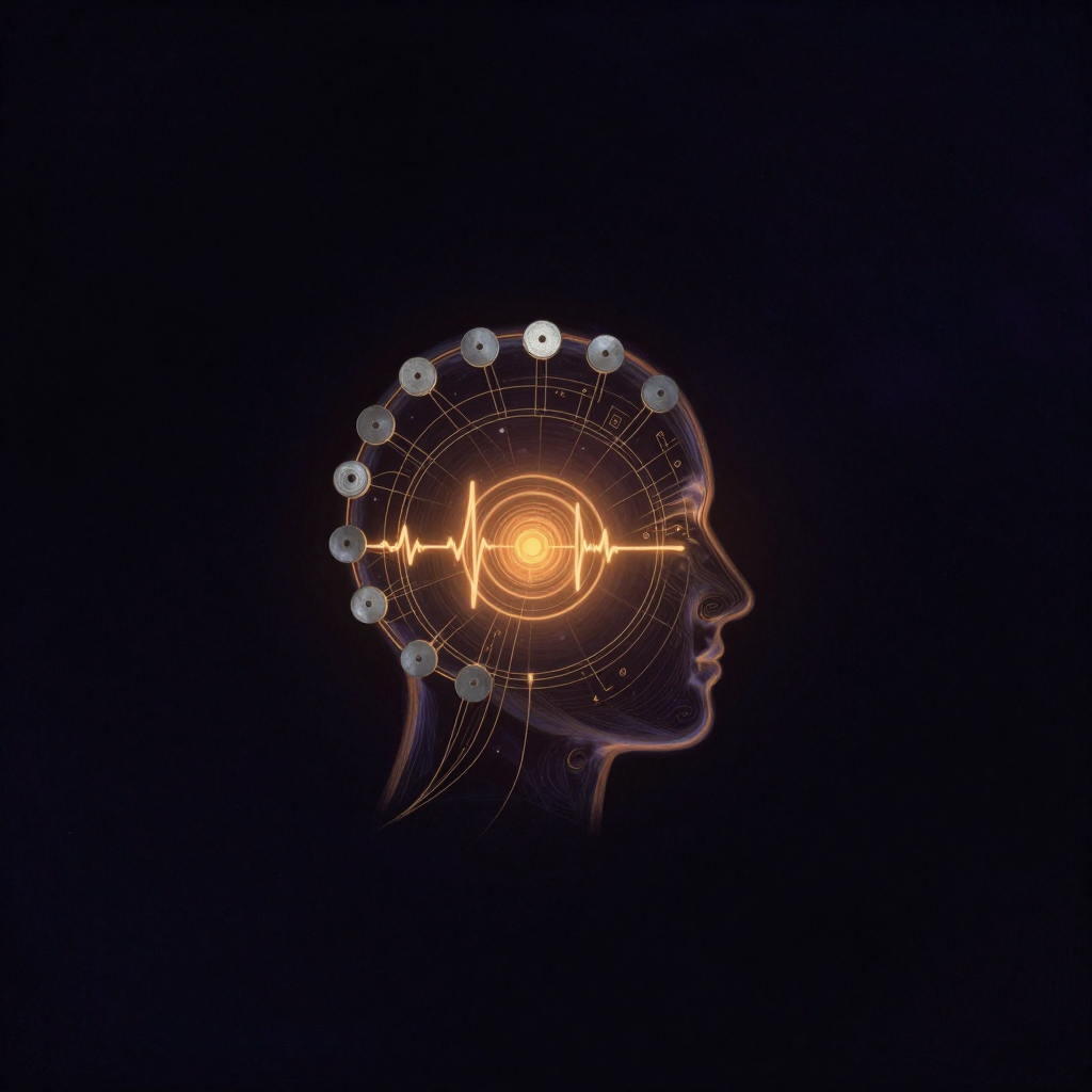 EEG：一组银质圆盘电极精确排列在透明头模表面，每枚电极连接的细导线延伸汇入屏幕显示的波形图，背景大片留白，屏幕是画面唯一的微光