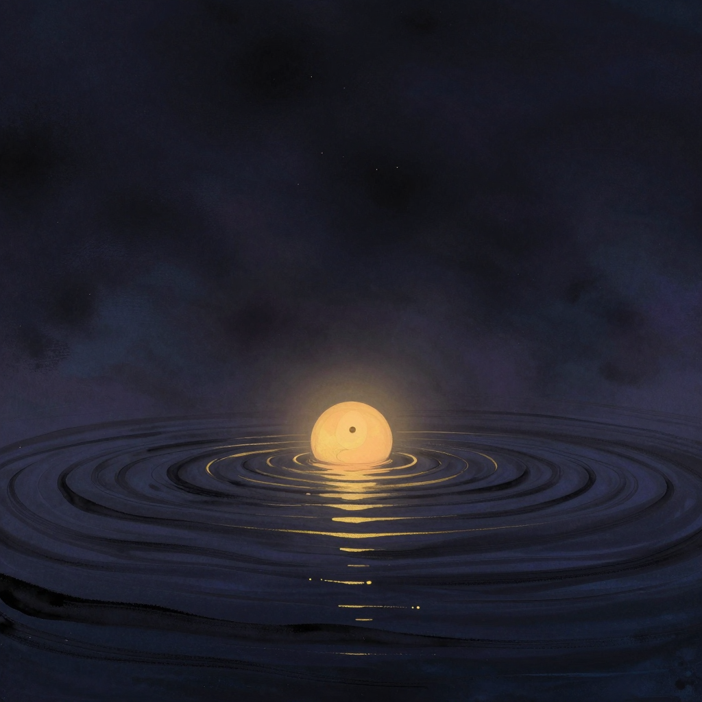 流动性：一泓清澈的水在近景处形成细腻波纹，中景处水面舒展流动如丝绸，远处水纹渐隐于大片空处，水流自身形成画面唯一的动态光源