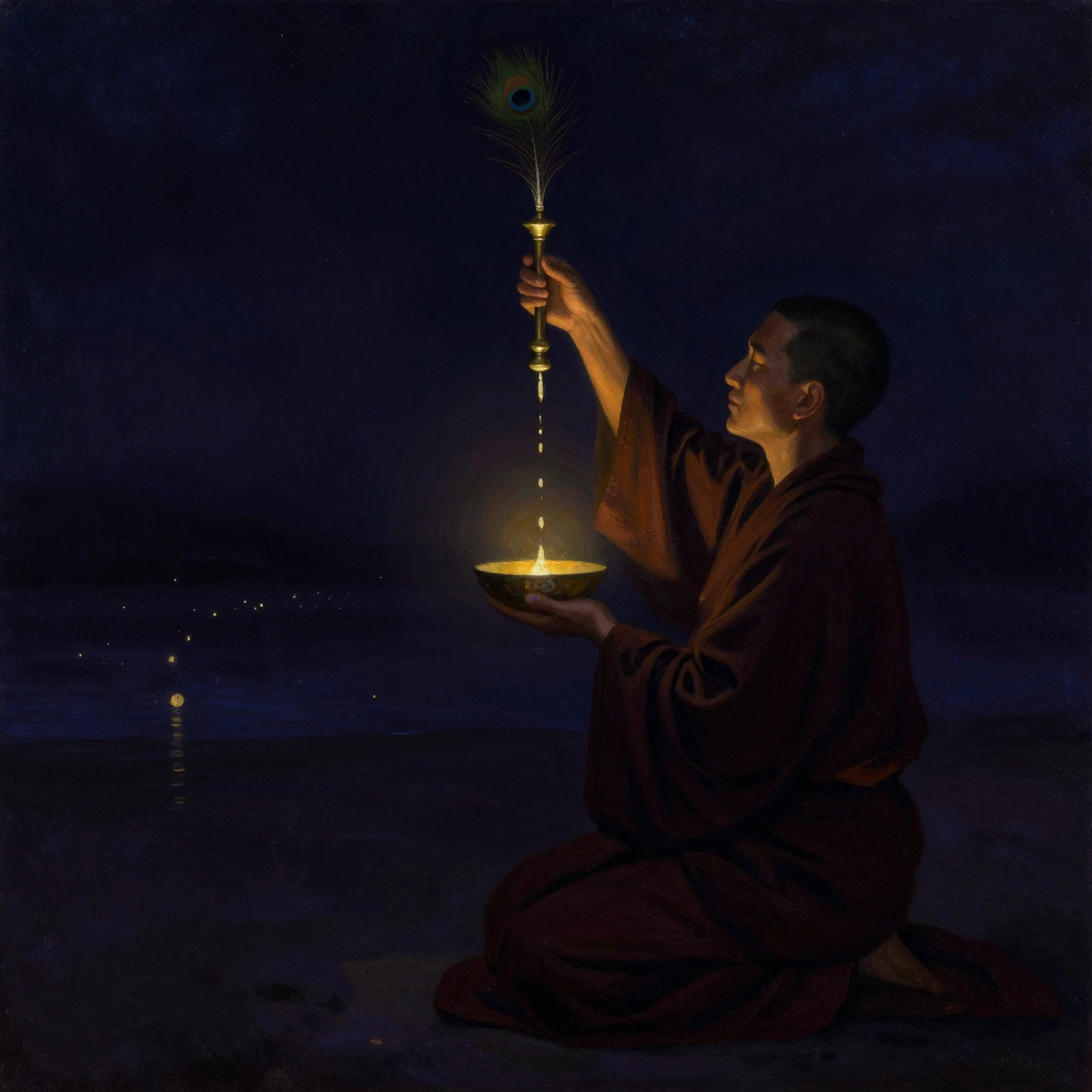 灌顶：一位上师手持藏式长颈宝瓶（瓶口饰有孔雀翎），向跪姿合掌的弟子头顶倾注甘露，四周大片留白，宝瓶与甘露流是画面唯一的微光来源