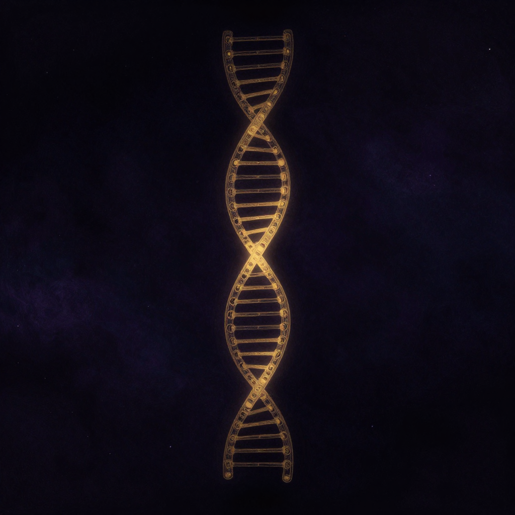 分子生物学：两条反向平行的核苷酸链以精确的碱基配对方式缠绕成螺旋，磷酸-脱氧核糖骨架形成清晰轮廓，碱基对如阶梯般连接双链，孤立悬浮于