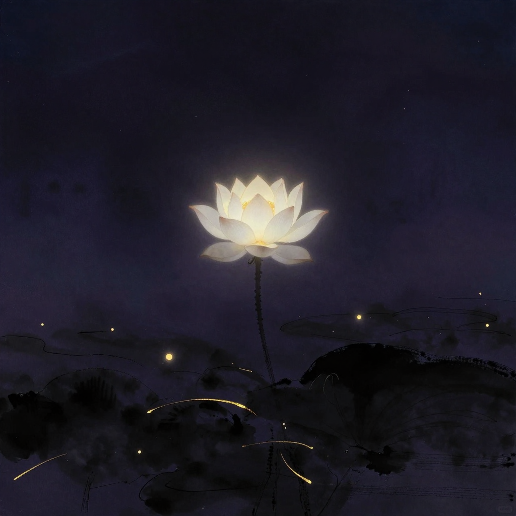 价值感：一朵白莲从暗色淤泥中自然挺立绽放，花瓣舒展而不繁复，花心含蓄地含着一处微光，周围大片水域空寂无物