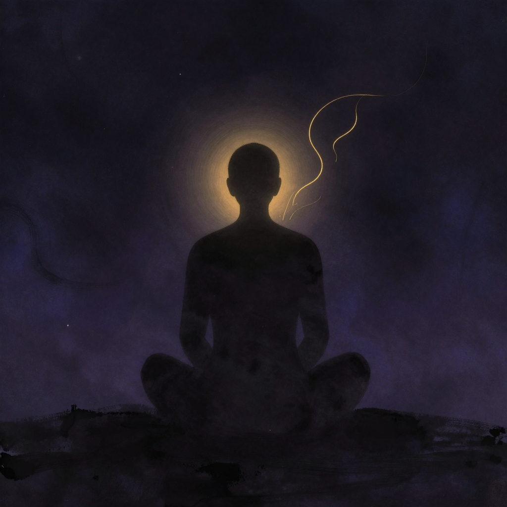 放松：一个盘坐的人影背影，双肩呈现自然下沉的生理弧度，背部线条舒展。画面极度简洁，只有肩颈区域的细微动态与一道代表延长呼气的轻