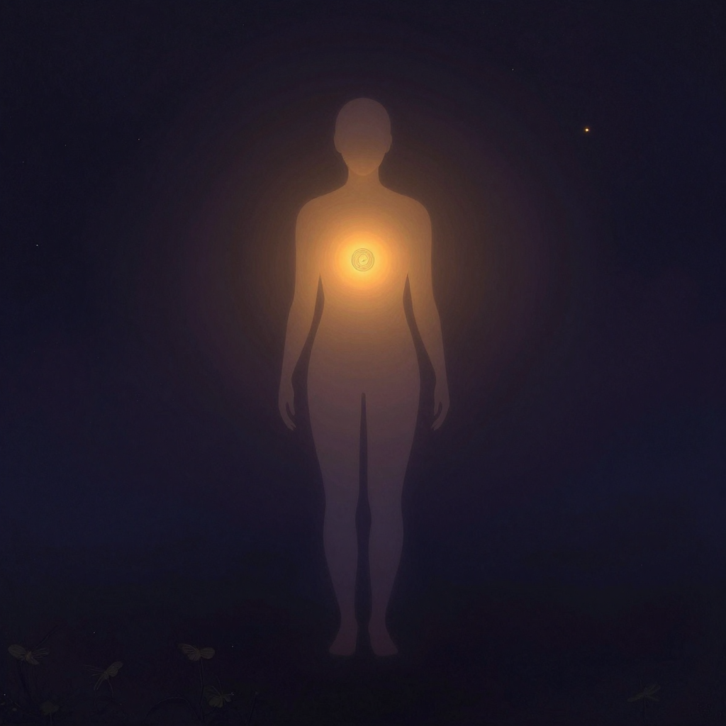幻觉：一个半透明的人形轮廓立于空旷处，轮廓边缘有轻微像素失真般的错位感，与环境存在微妙不协调，人形胸口处透出一处极细微光
