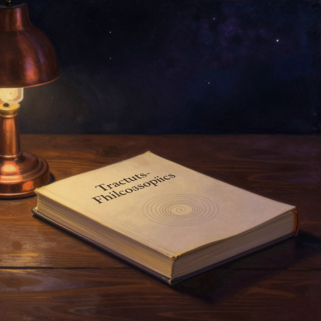 分析哲学：一本德文封面的哲学著作《Tractatus Logico-Philosophicus》静静摊开在橡木书桌上，书页边缘泛着