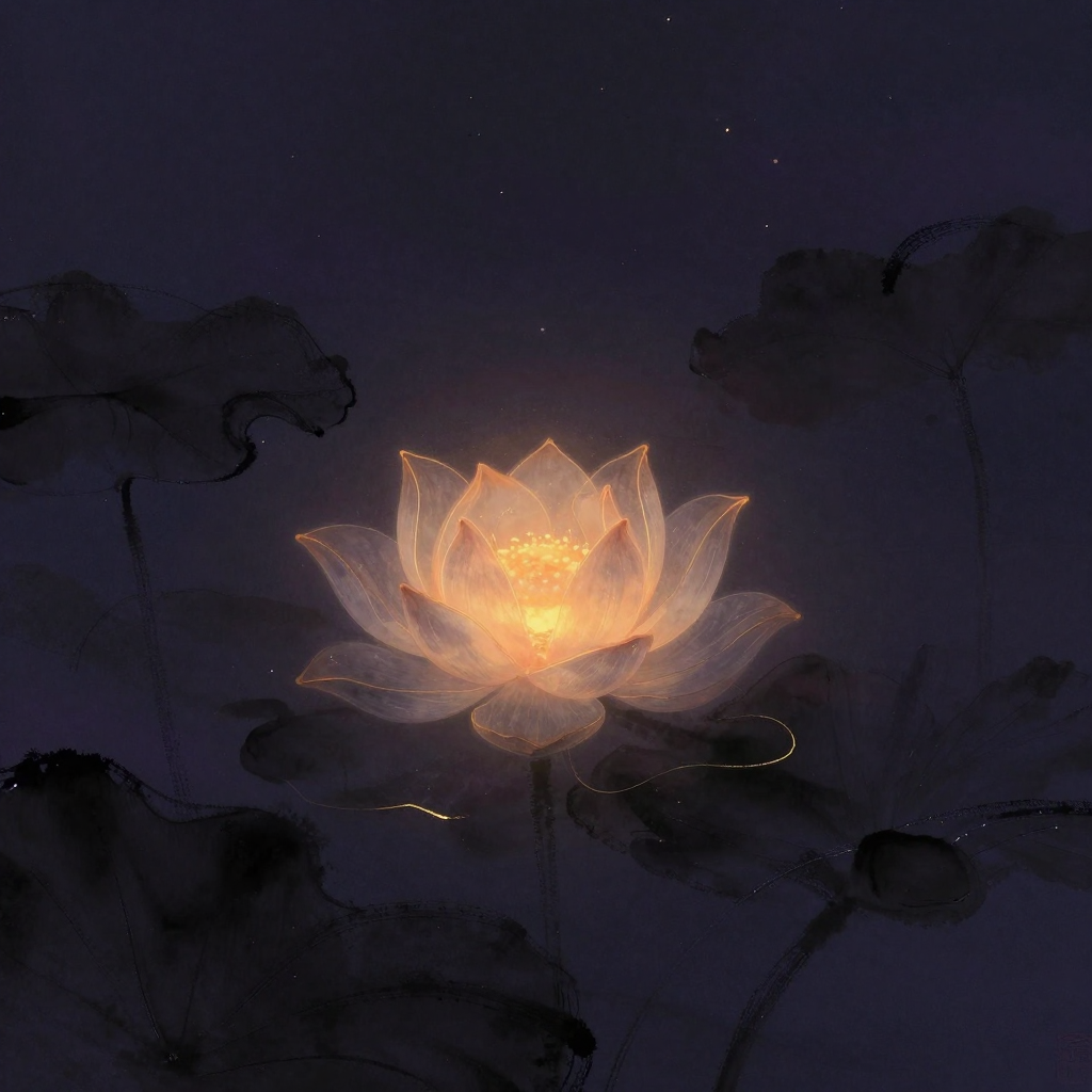 梦瑜伽：一朵半透明的莲花悬浮于大片空处，花瓣舒展微开，边缘透出极细微的光晕，花心略明亮，四周归于寂静