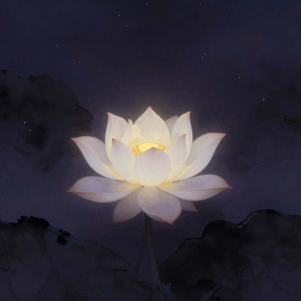 灵性发展：一朵白莲从中心向外渐次舒展花瓣，呈现精确的绽放动势，花心含一细微光点，四周大片空处，花茎隐入下方暗影