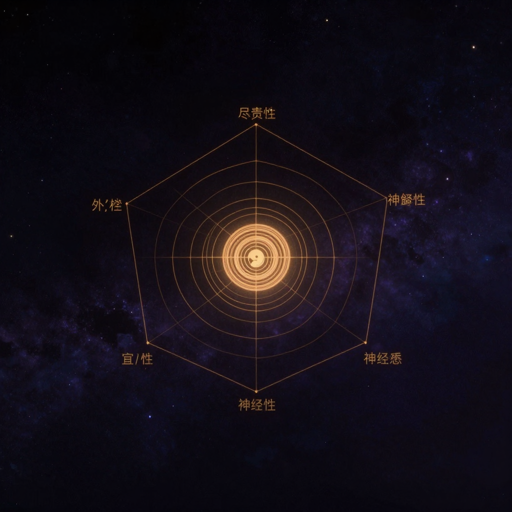 人格特质：一张精确的五边形雷达图悬浮于空旷处，五条轴线分别代表开放性、尽责性、外向性、宜人性和神经质，轴线上无文字标注但通过五种不