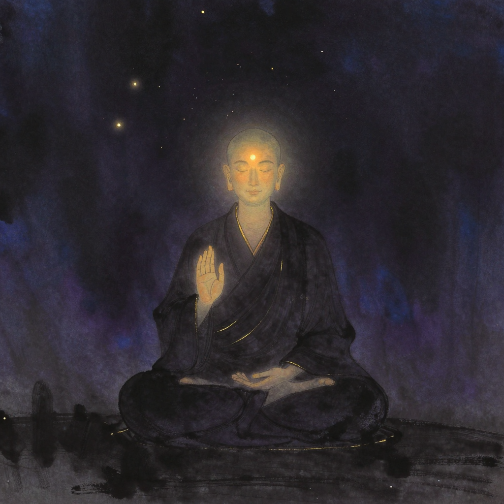 摩诃止观：一位修行者安坐于蒲团之上，闭目凝神如入深定，右手结说法印、左手结定印，眉间透出一处微妙觉照之光，四周归于广阔空处