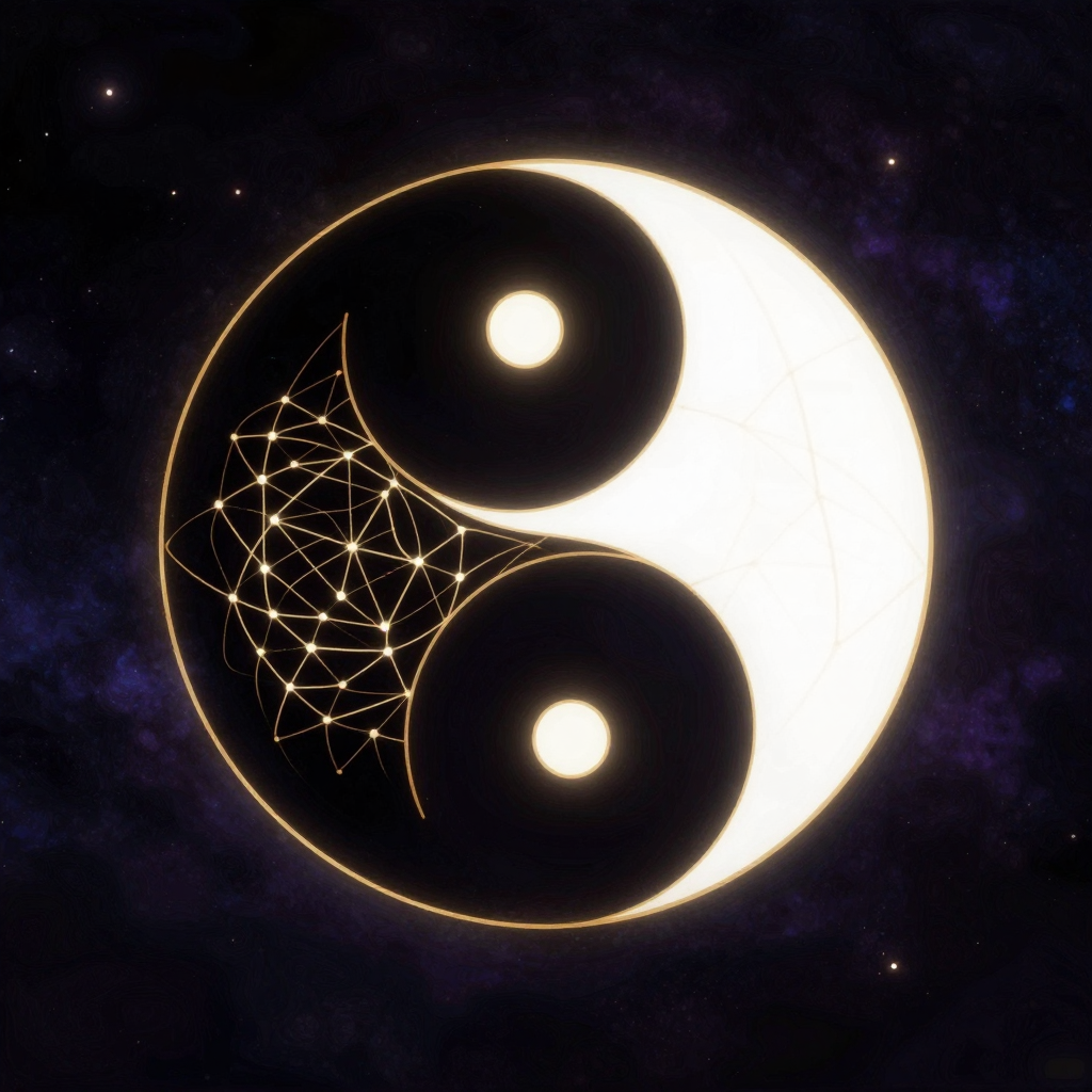 阴阳哲学：一幅完美的圆形太极图置于空旷之中，黑鱼与白鱼以S形曲线相互环抱，黑鱼含白眼、白鱼含黑眼，边界清晰流畅，无多余元素