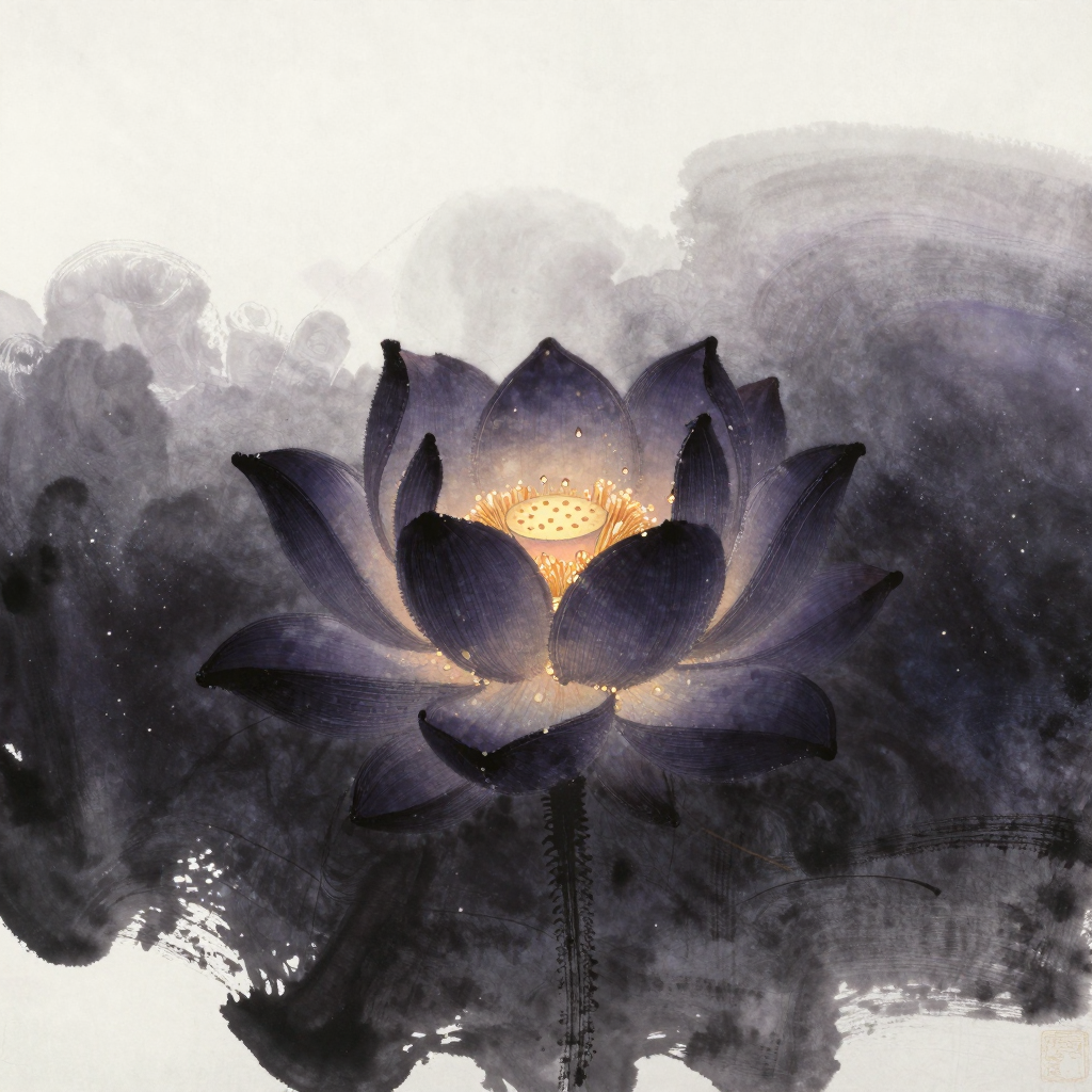 慈悲观：一朵盛放的莲花舒展于空境中央，花瓣层层打开露出中心莲蓬，莲蓬上沾着几滴晨露，四周归于大片留白，莲心是画面唯一透出暖意的位