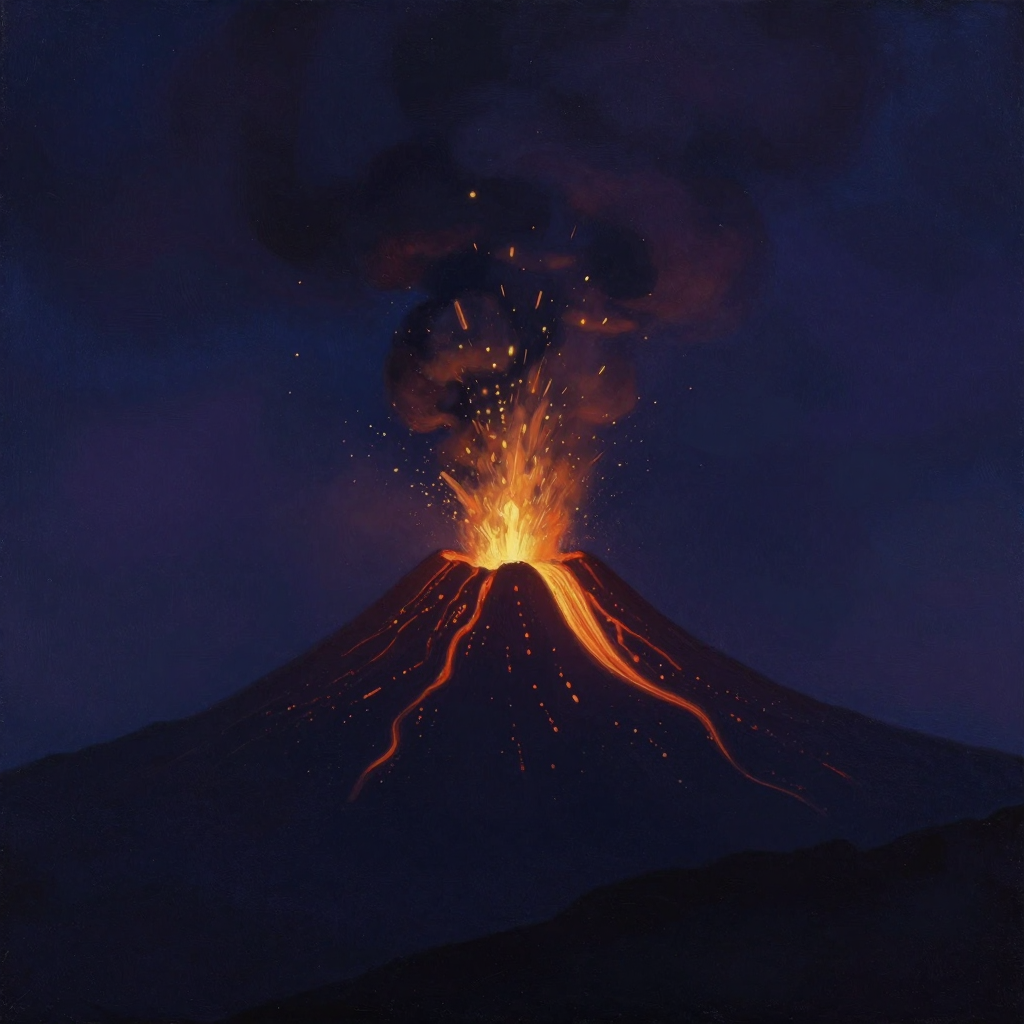 情绪化反应：一座火山正在喷发，岩浆从山口猛烈喷涌而出，浓烟升腾而上，四周空旷无物，喷发口内部透出一处炽热微光