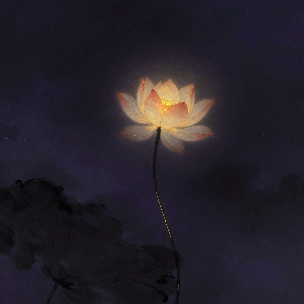 意识训练：一朵半开莲花从混沌深处斜向生长，茎秆自然弯曲，花瓣层次分明但未完全舒展，花心位置透出一处微光，四周归于空阔