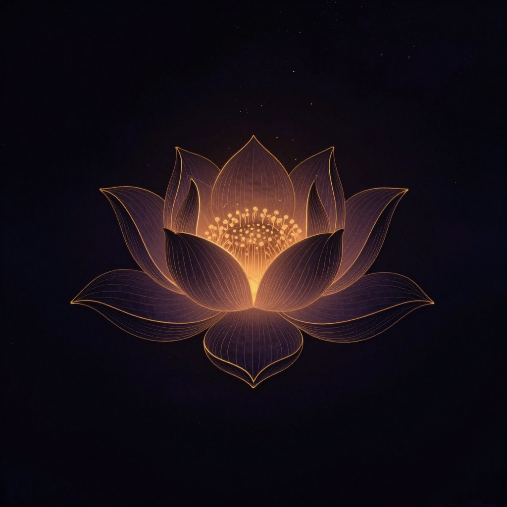 那洛六法：一朵六瓣莲花悬于近黑底的空旷中，花瓣轮廓清晰分明，每瓣略微内卷形成立体空间感，莲心处透出一缕细微暖光