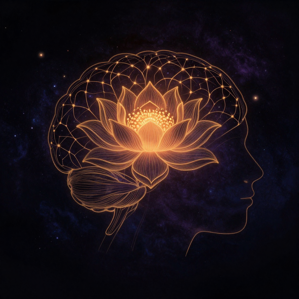 神经现象学：一个大脑轮廓的侧影，内部绽放着一朵纹理精致的莲花，花瓣细节融入神经元突触结构，两者共生为一体，置于近黑背景中，莲心透出一