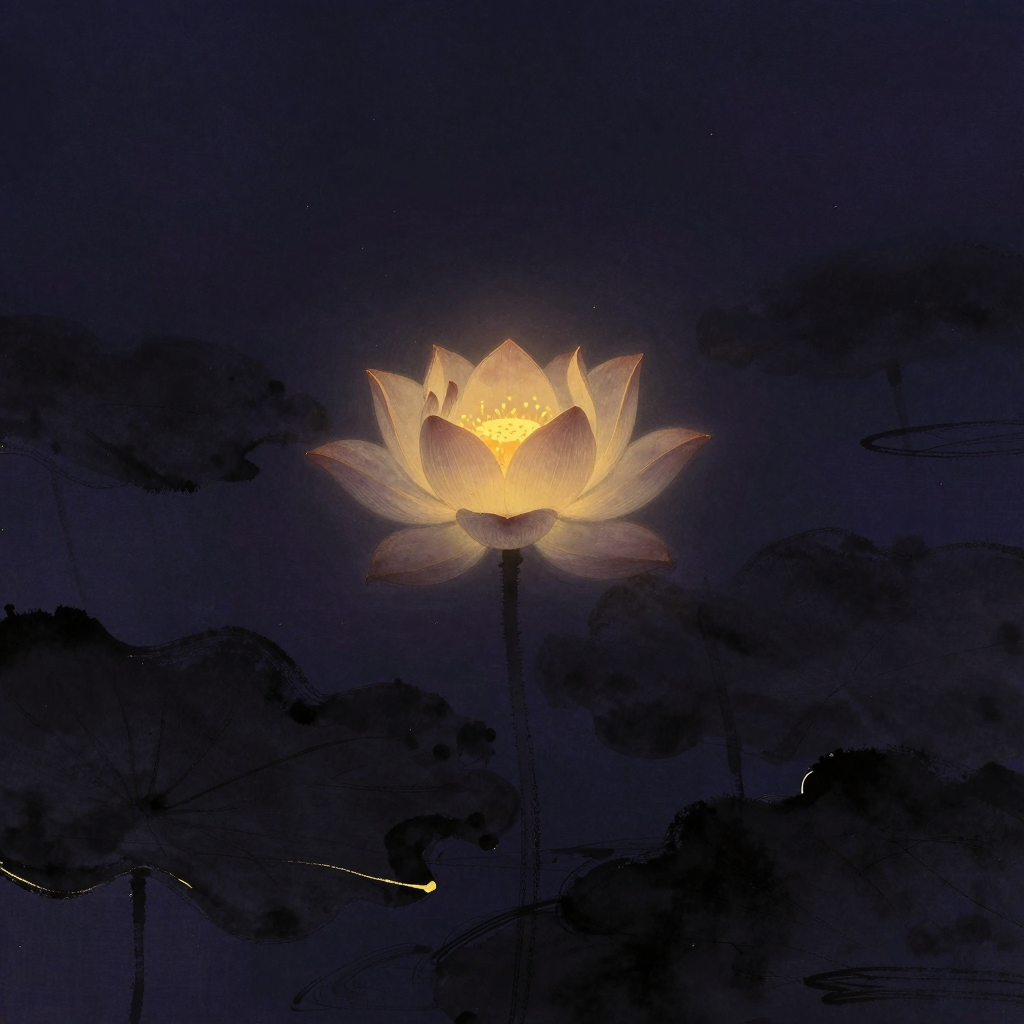 灵性意识：一朵洁净的莲花从幽暗的淤泥中生长而出，花瓣完全舒展，花茎垂直贯通水面，四周归于大片空处，花心透出一处微光