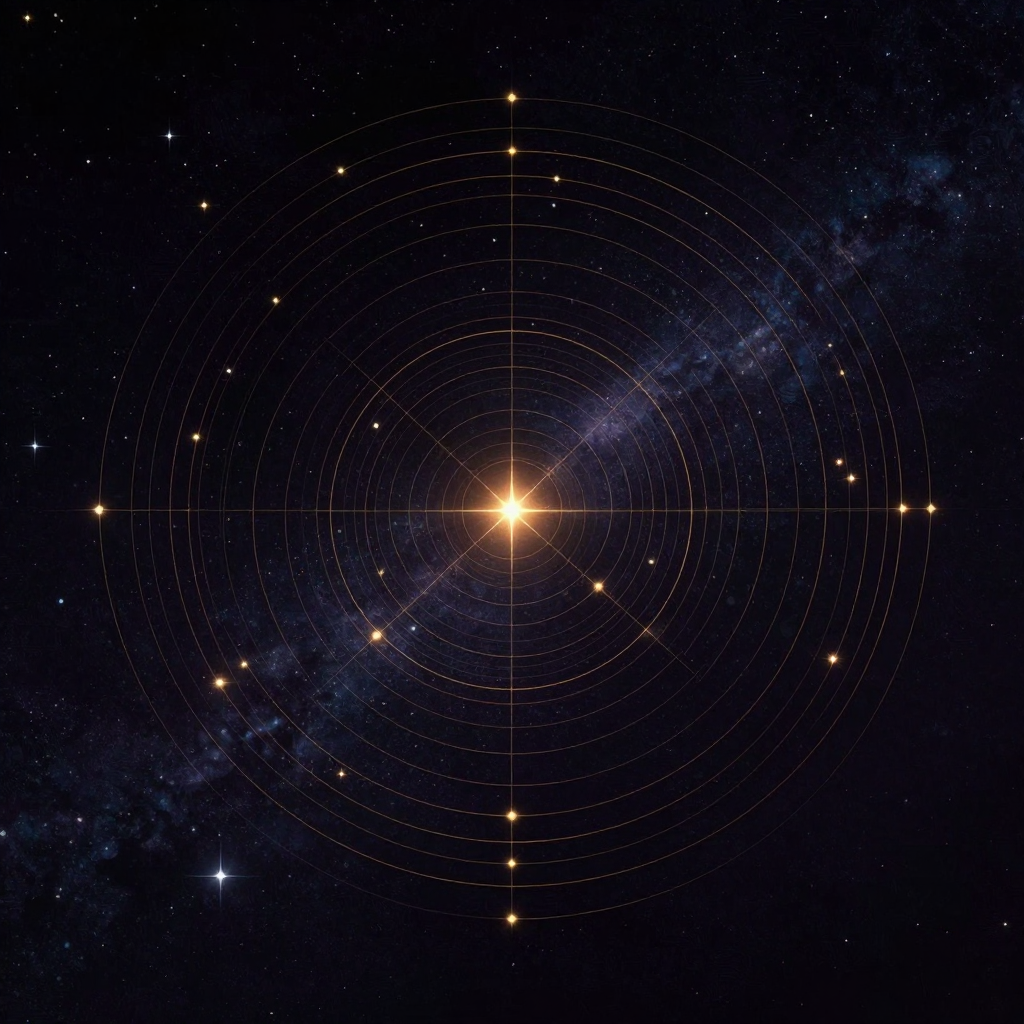核心自我：北极星恒定于夜空中央，周围有细小的星辰以优雅弧线环绕其运动，星群轨迹构成疏密有致的网络，星与星之间由极细线相连，北极星是