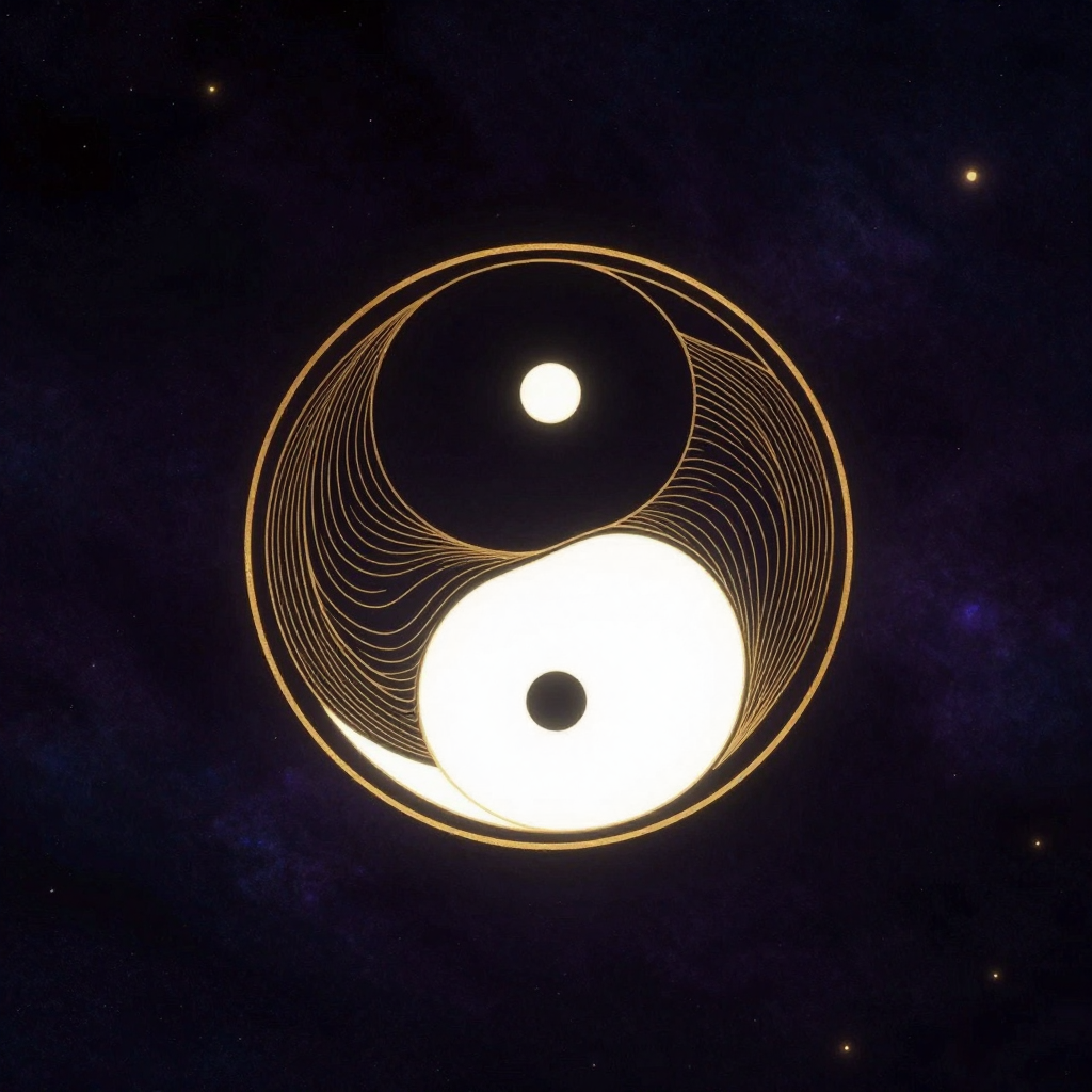 二元思维：一幅标准的太极图案居于画面中央，黑白双鱼首尾相衔流畅缠绕，黑鱼中的白点与白鱼中的黑点清晰可辨，整体呈完美圆形，四周归于大