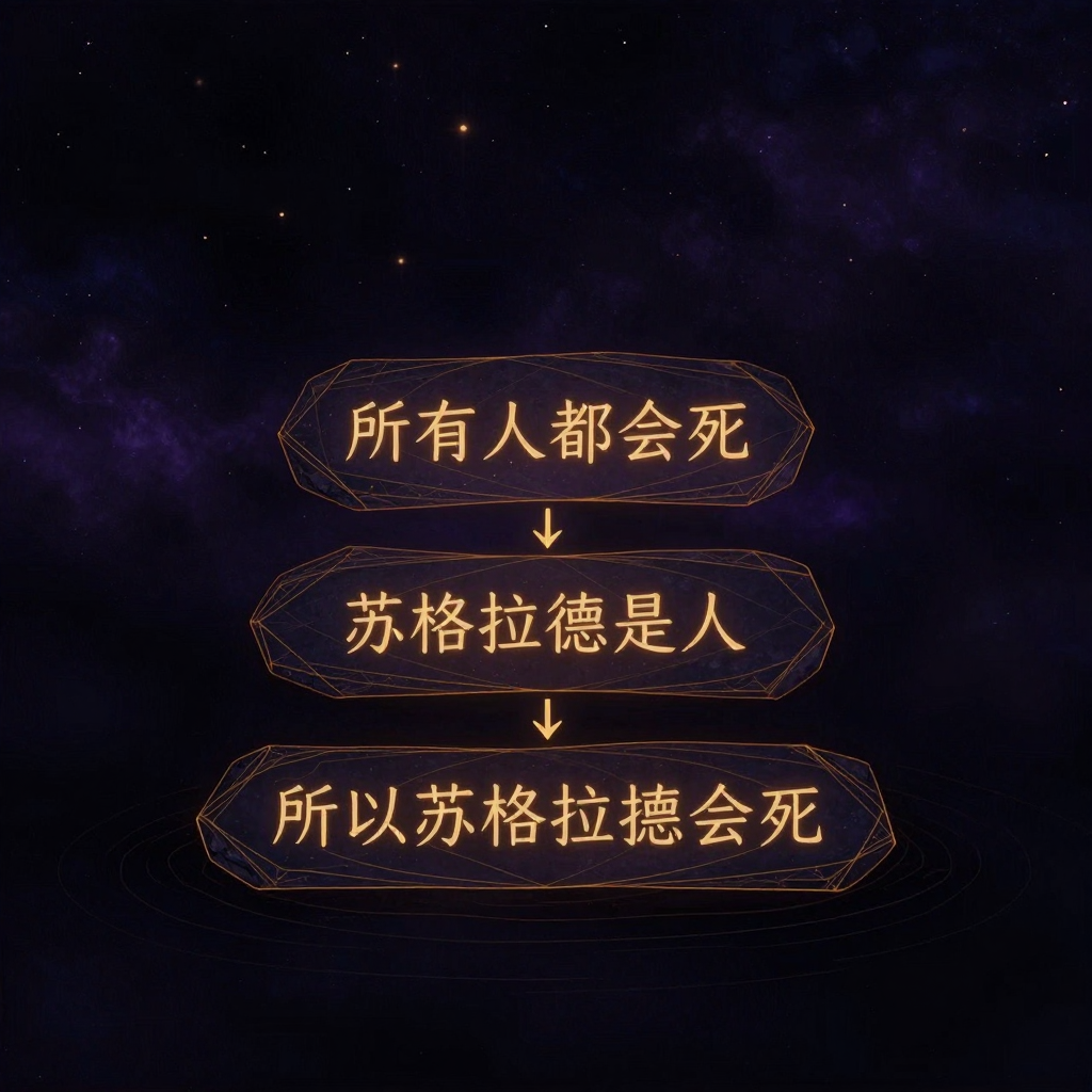 逻辑：三块打磨光滑的石板呈阶梯状排列：上方石板刻『所有人都会死』，中间石板刻『苏格拉底是人』，底部石板刻『所以苏格拉底会死』，