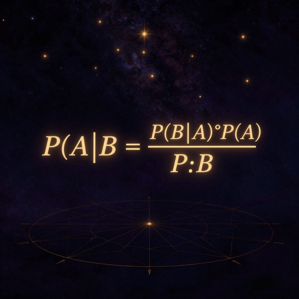 贝叶斯定理：一个准确的条件概率公式立于空旷之中，符号P(A|B) = P(B|A)*P(A)/P(B)清晰可辨，从P(A)指向P(A