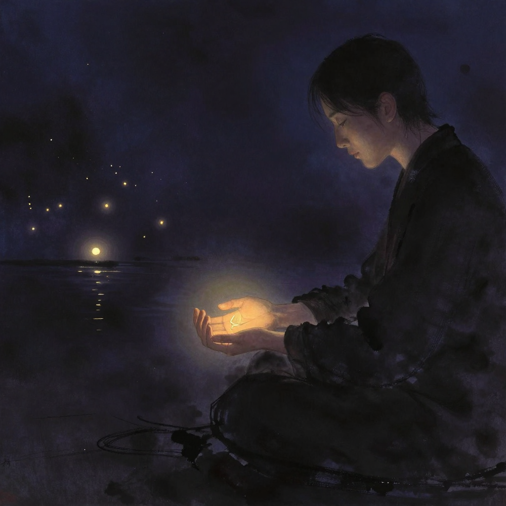 望闻问切：一位中医侧身而坐，三指轻搭患者手腕寸关尺三部，指尖与脉搏接触处透出一处细微暖意，四周归于空寂