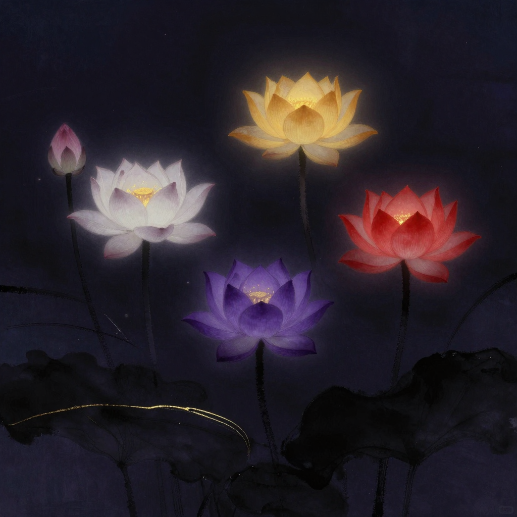 前五识：五朵含苞莲花错落悬于空处，青莲居东、白莲西向、黄莲北立、红莲南置、紫莲中央，花苞未展如初醒之态，花心微透一丝清光