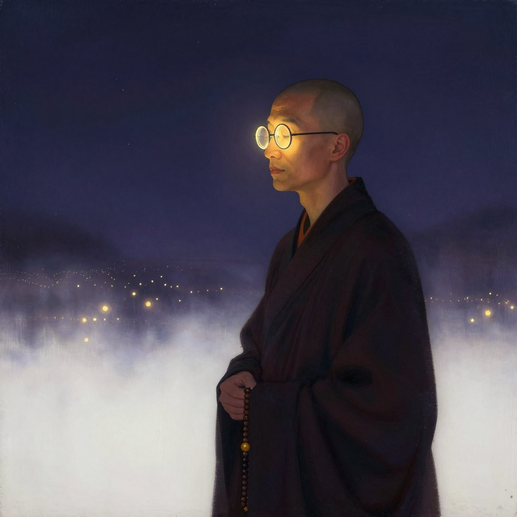 太虚大师：一位戴圆框眼镜的僧人侧身立于近景，面容清癯，手持佛珠垂于身侧，背景大片留白，微光映在圆框眼镜的镜片边缘