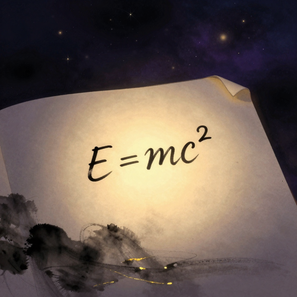 爱因斯坦：一张泛黄草稿纸上独独以手写体呈现E=mc²公式，等号呈现独特的波浪形笔触，公式周围大片留白，纸面一角微微卷起透出一处暖意