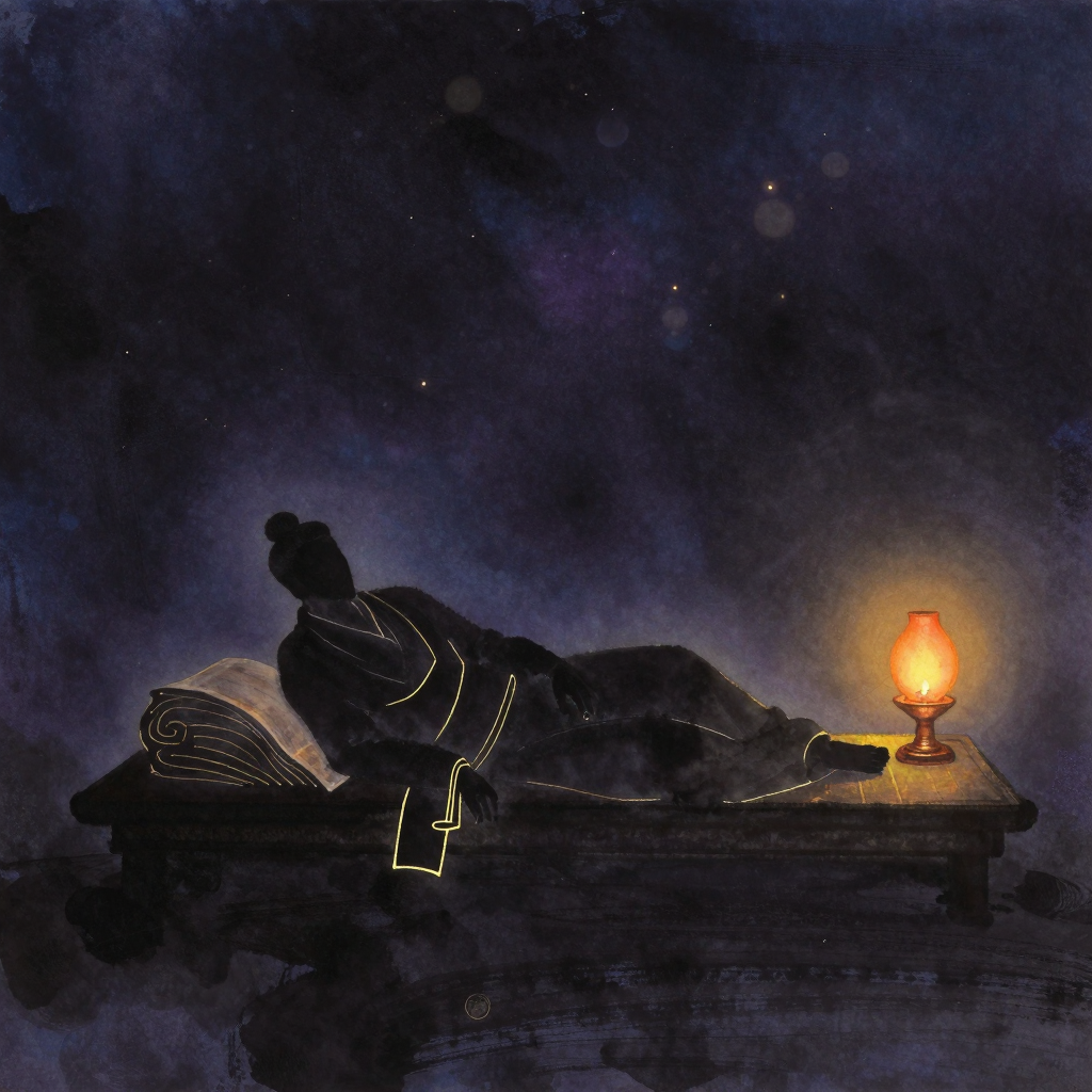 维摩诘经：维摩诘从容侧卧于素色卧榻，病容中透着安详智慧，榻前空处暗示问疾听众在场，榻边一盏铜灯映出经卷轮廓