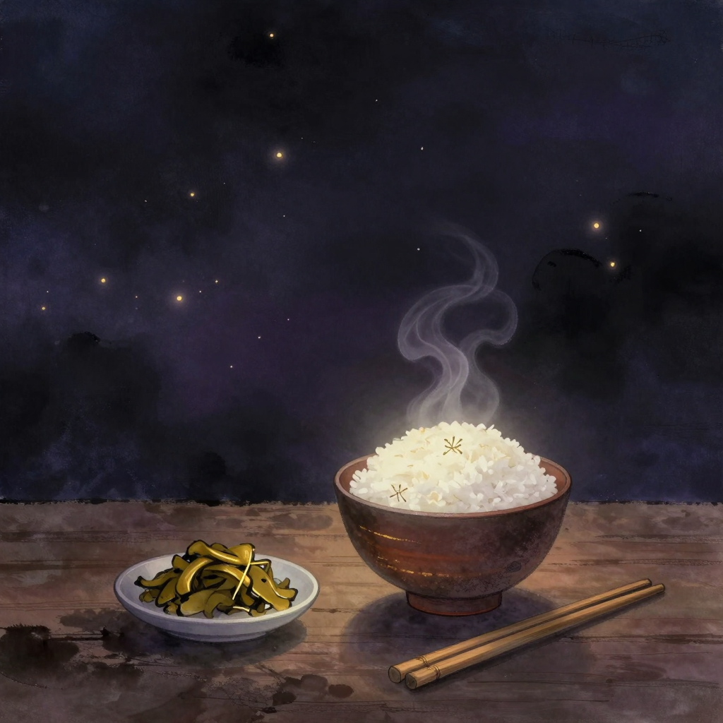 日常修行：一只粗陶碗盛着冒热气的白米饭置于木桌，旁边摆着一双竹筷与一碟朴素腌菜，所有物件自然错落，余处大片留白