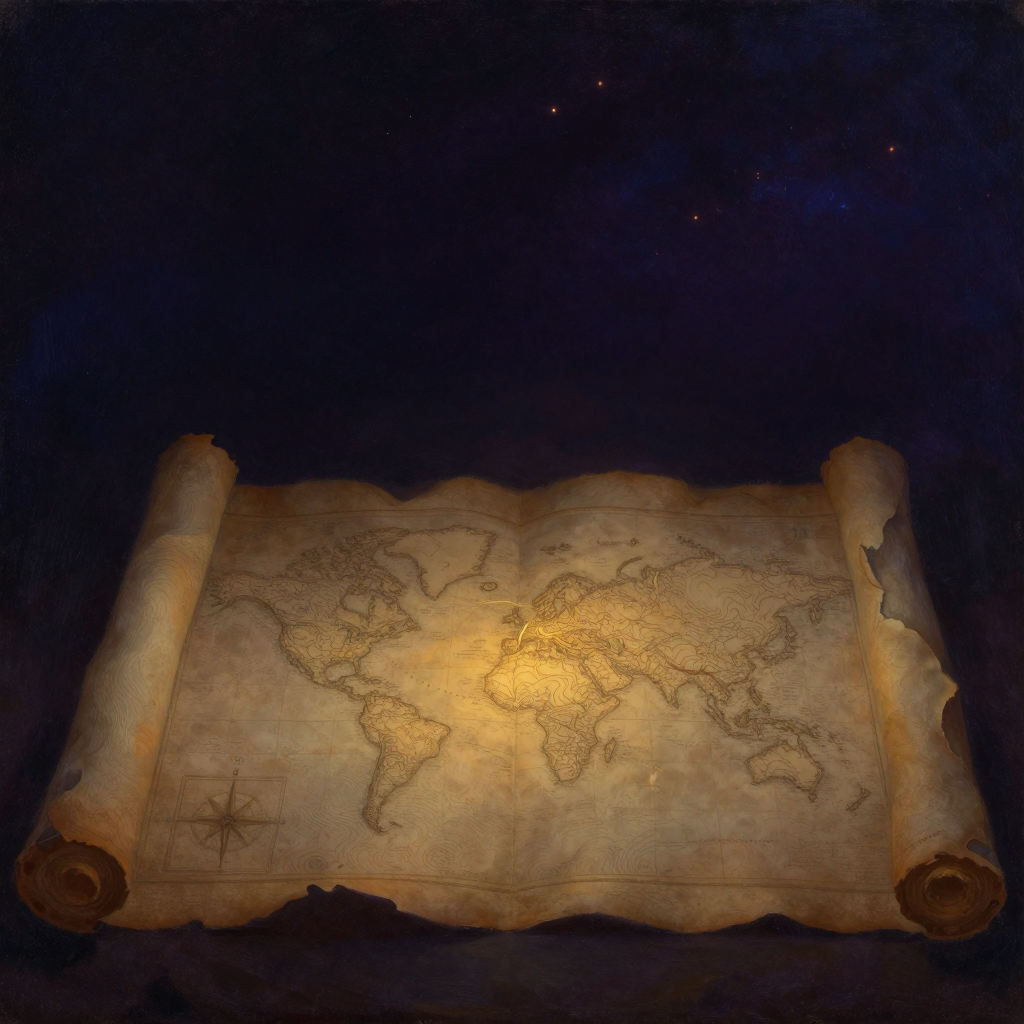 地图：一张边缘被烧灼出缺口的古老羊皮地图在空旷中展开，隐约可见褪色的罗盘玫瑰与模糊等高线，地图中央有一处极细的路径标记泛着微弱