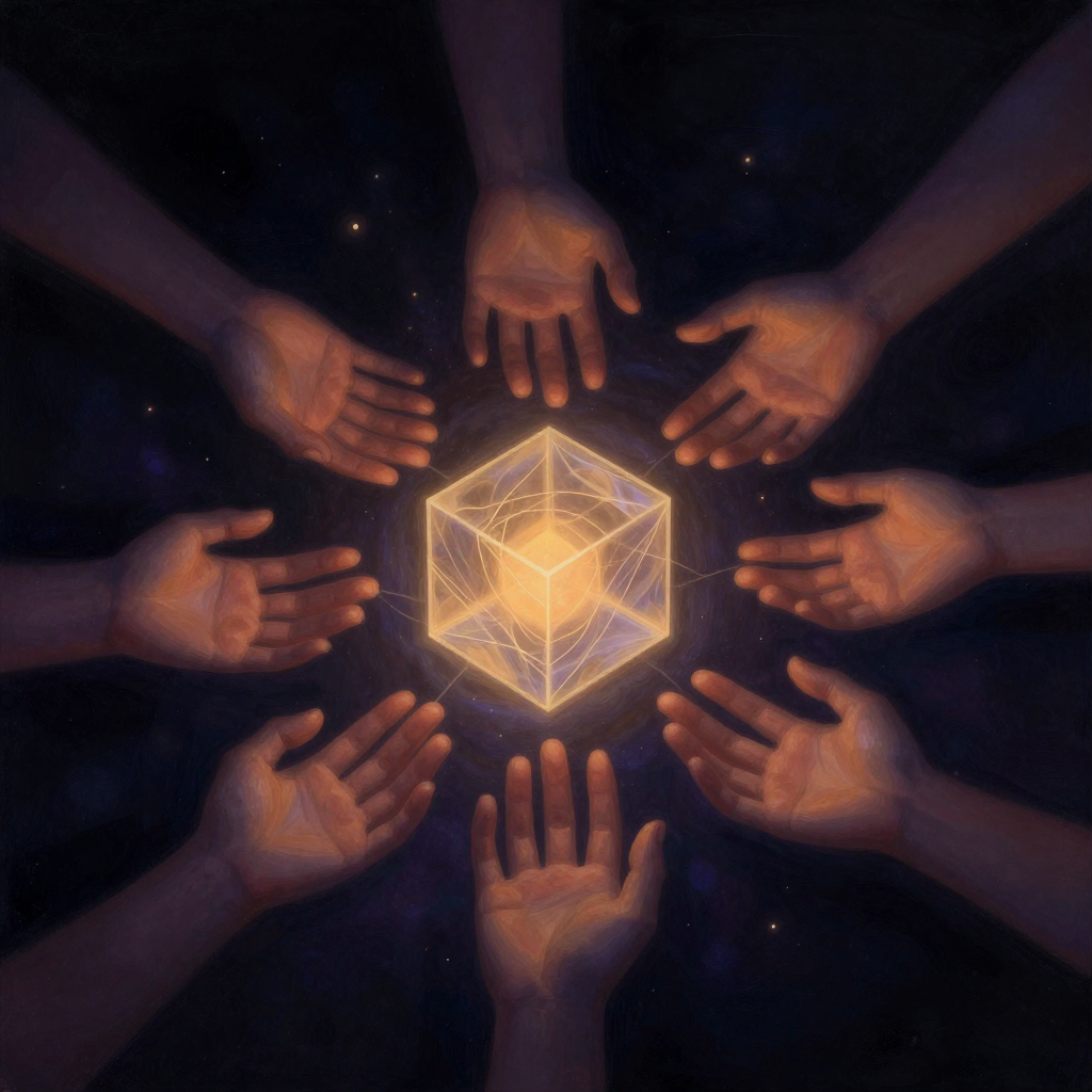 集体信念：七只手掌从不同方位共同托举一个半透明立方体，内部有细微的流动纹路，每只手掌间由极细的能量线相连，置于近黑背景中，立方体内