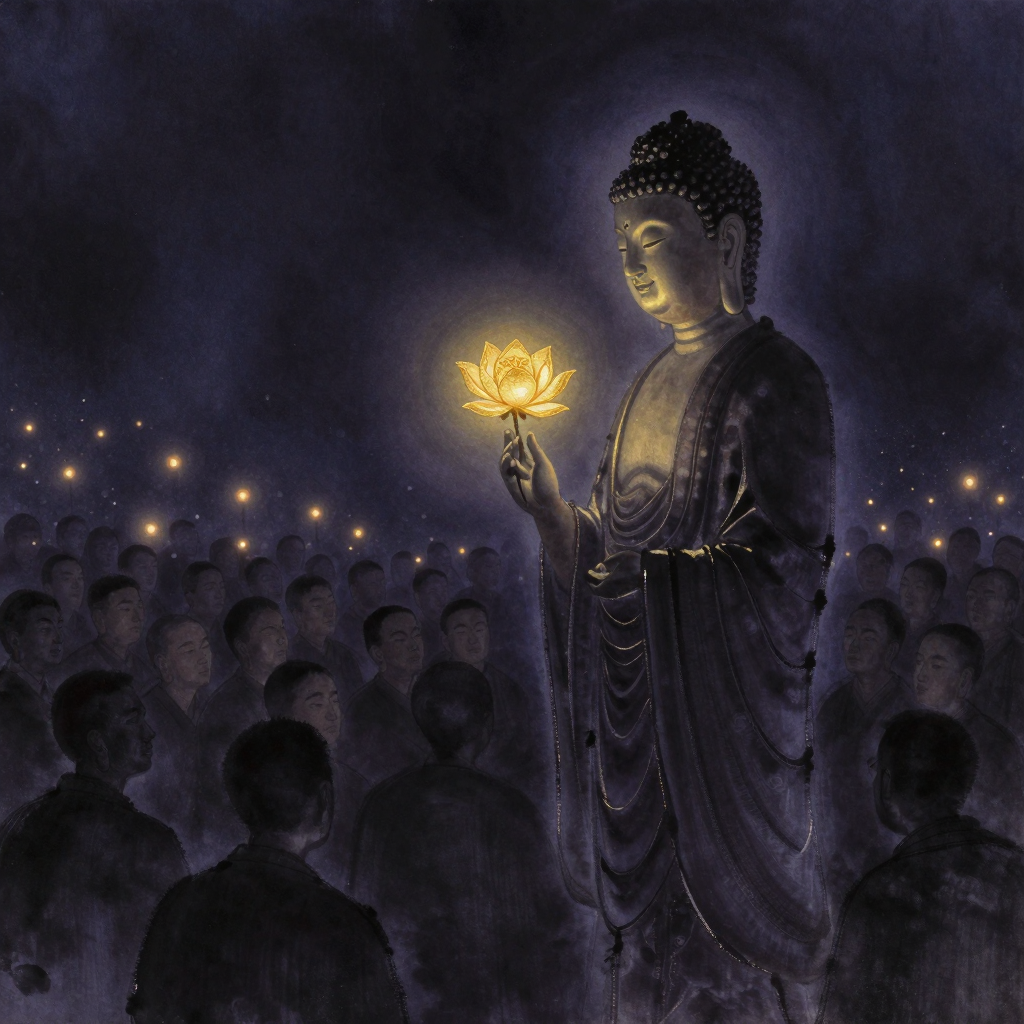不立文字：佛陀侧身立于空旷处，手持一朵金婆罗花拈起示众，花瓣形态特异，众弟子困惑蹙眉，佛陀面容淡笑，花与手势构成画面唯一微光点