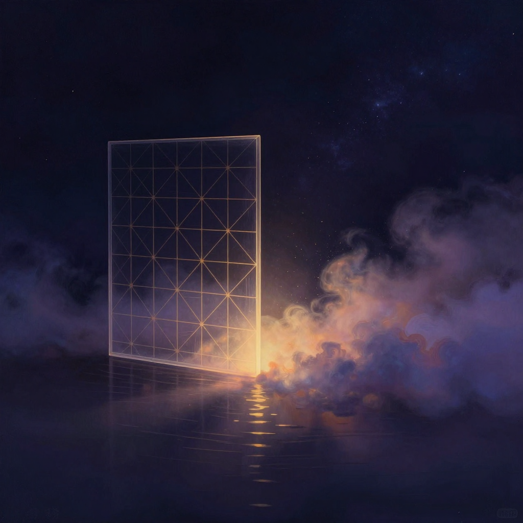 情绪隔离：一道半透明的水晶屏障竖立于空处，左侧是规整的几何线条网格，右侧翻涌着模糊的彩色云雾，两者被屏障隔开却依然彼此可见。屏障表