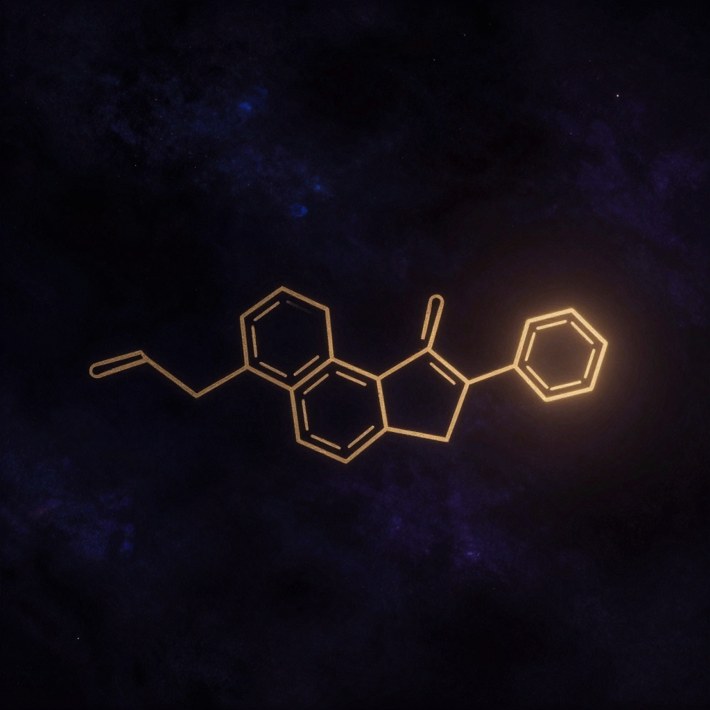 成瘾机制：一条由六边形苯环与胺基侧链精确连接而成的分子链悬浮在黑暗虚空中，化学键清晰可辨，最末端的胺基处透出一缕细微光