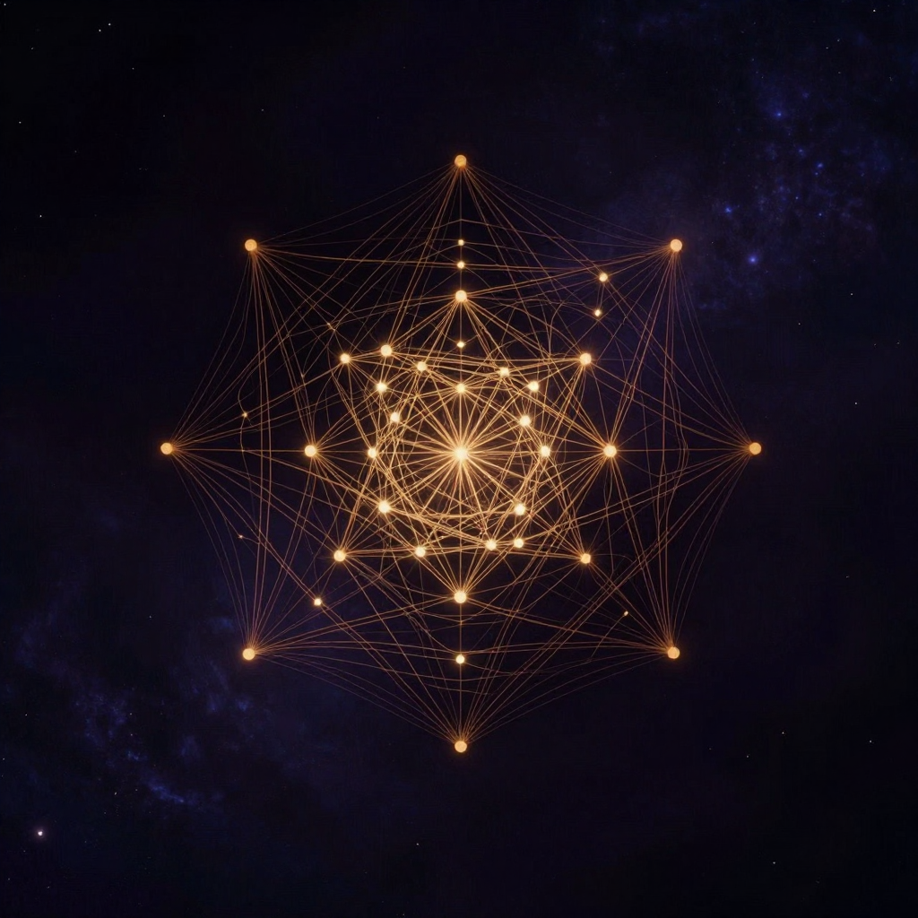 社会学：由无数细线交织成的立体网状结构悬浮于空处，某些节点略大如枢纽，线条疏密有致地连接各点，几处关键交汇点隐隐透出细微的暖意