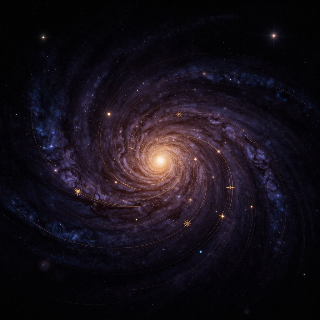 宏观宇宙：一个旋臂结构分明的螺旋星系悬浮于深邃空处，星流轨迹构成优美的动态平衡，中心核球处凝聚着画面唯一的细微光晕