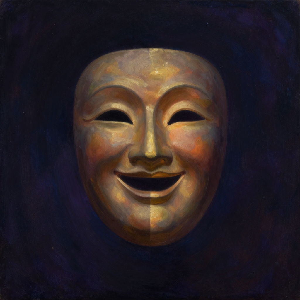 喜怒：一张戏剧脸谱被S型曲线精准分割，左半脸怒目圆睁青筋暴起，右半脸眉开眼笑苹果肌隆起，悬浮于大片空处，面谱中线处隐约流转着一