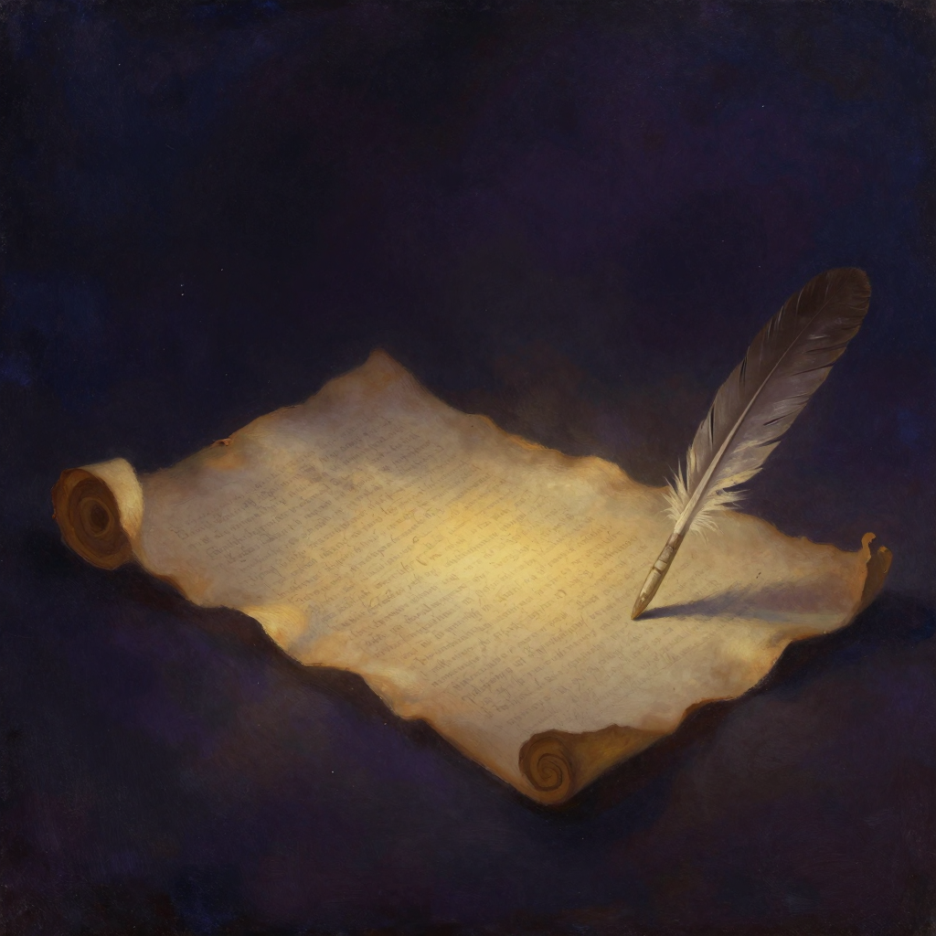叙事身份：一卷摊开的古旧羊皮纸卷轴横贯画面中央，左端已写满密麻字迹，向右渐过渡为空白，一支羽毛笔斜搁在墨迹未干处，四周归于空旷，墨